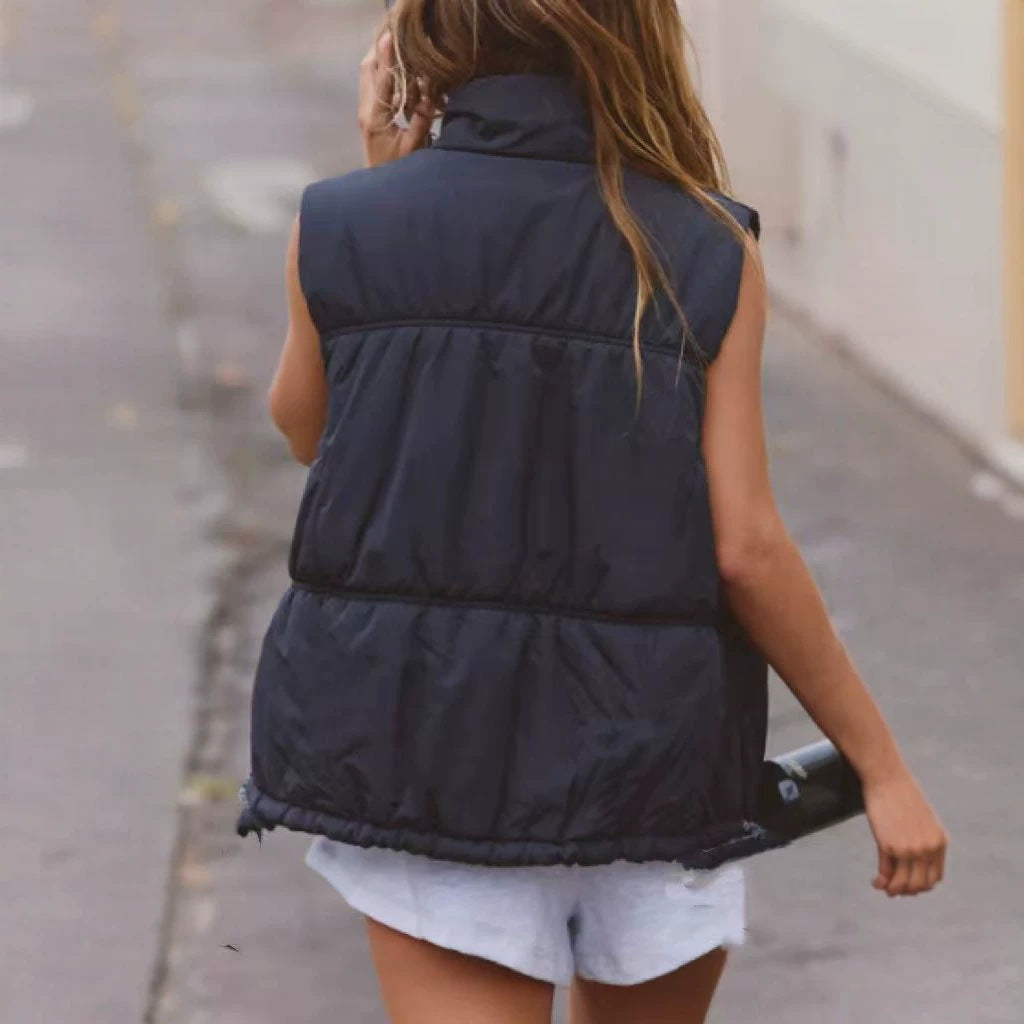 Women’s Padded Sleeveless Vest with Stand-Up Collar and Drawstring Mune Fashion