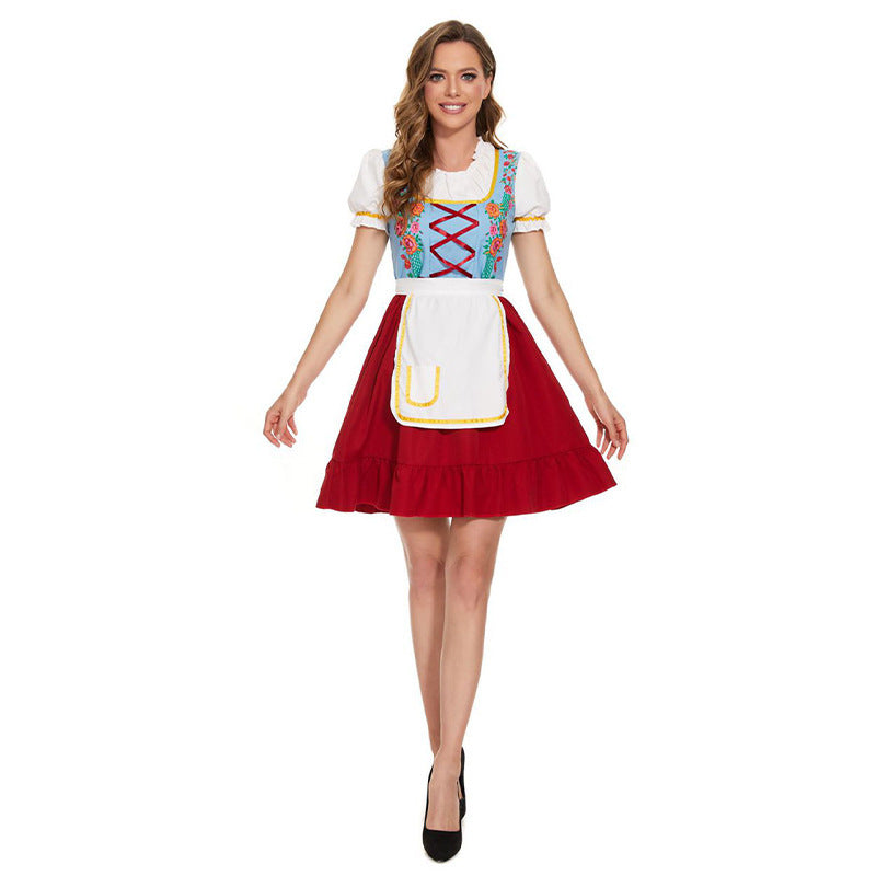 Women's nostalgic traditional costume dress with laced bodice, ruffled collar and removable apron Mune Fashion