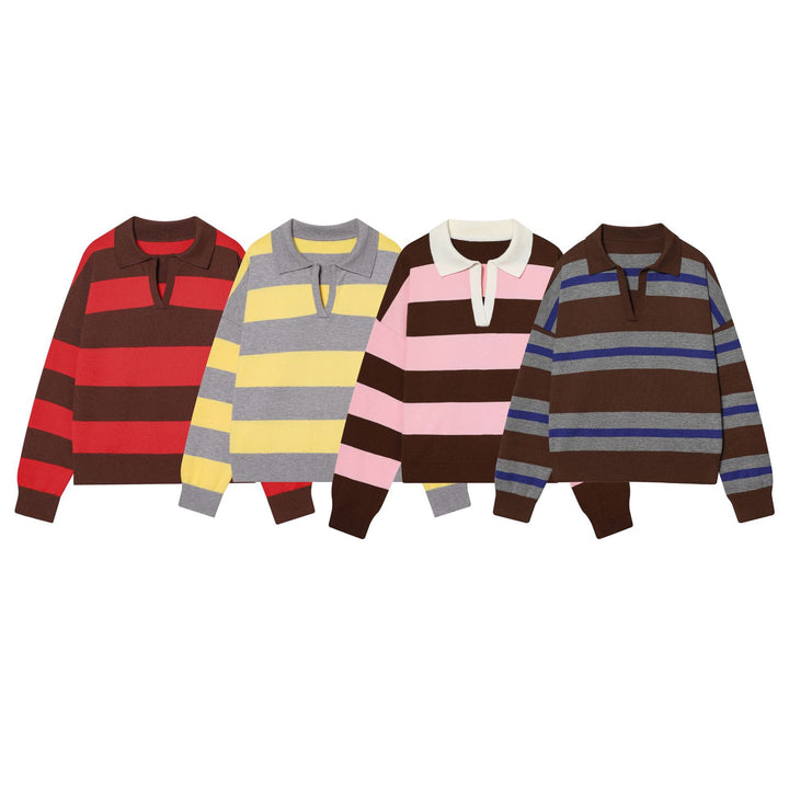 Women's striped rugby pullover with polo collar, open V-neck and wide ribbed cuff Mune Fashion