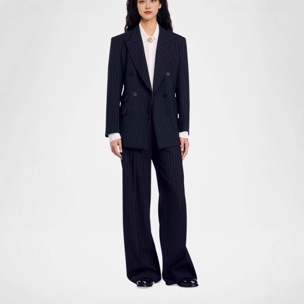 Women Double-Breasted Pinstripe Suit with Oversized Blazer and Wide Pleated Pants Mune Fashion