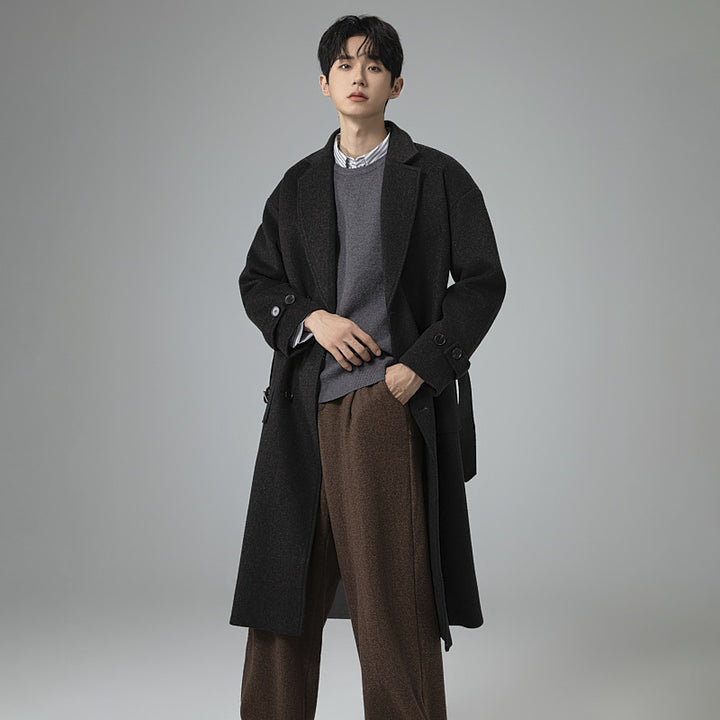Men's Maxi Length Wool Blend Coat in Tweed Look with Oversized Cut, Double Breasted and Belted Mune Fashion