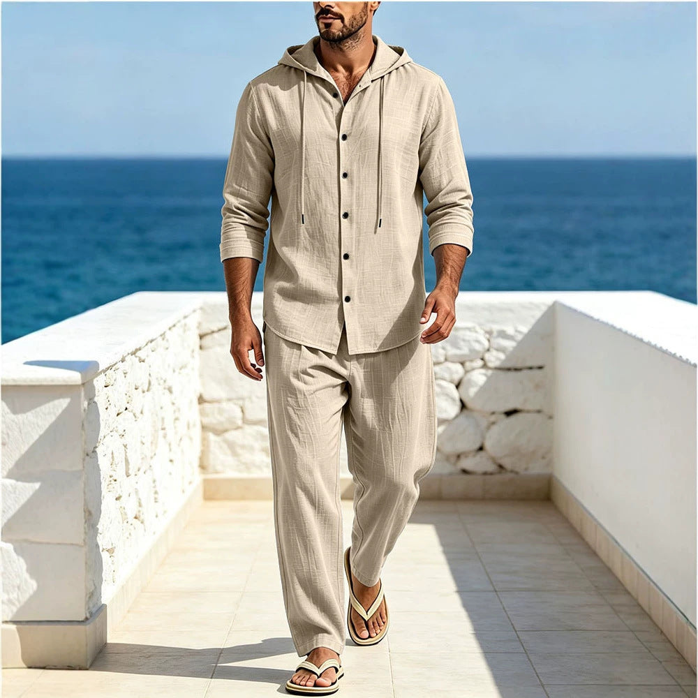 Men's Breathable Cotton Gauze Loungewear Set with Hooded Shirt and Loose Summer Pants Mune Fashion
