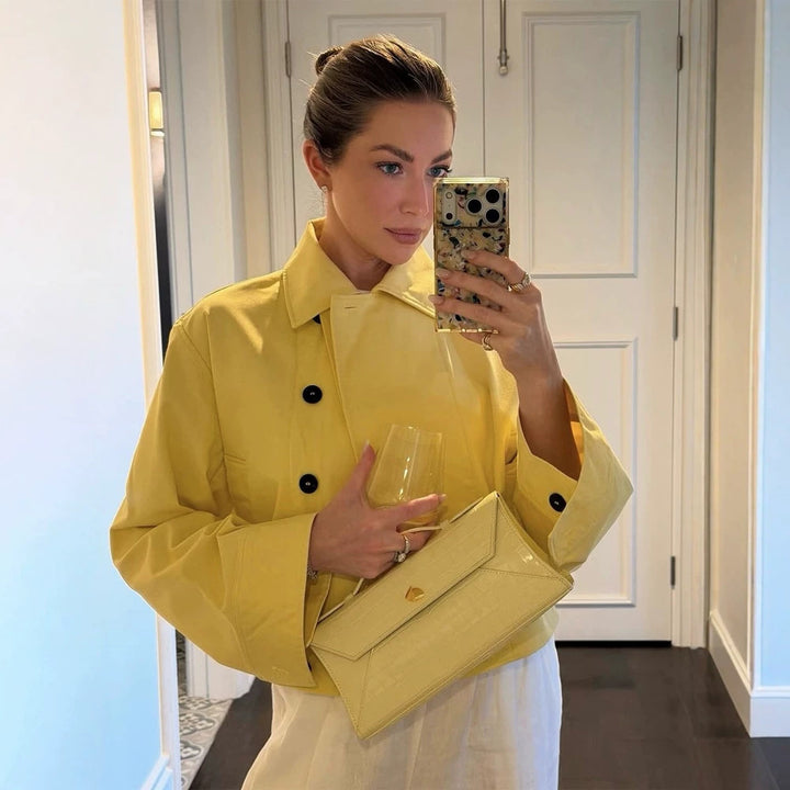 Women's Short Boxy Jacket with Lapel Collar, Contrast Button Detail and Three-Quarter Sleeves Mune Fashion