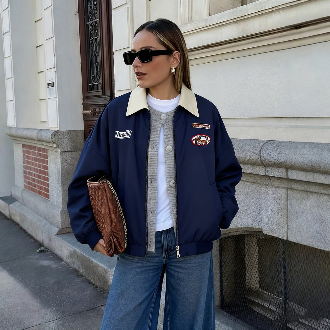 Women's Lightweight Bomber Jacket with Contrast Collar and Patches Mune Fashion
