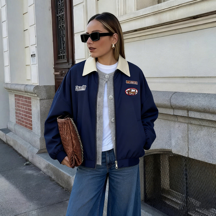 Women's Lightweight Bomber Jacket with Contrast Collar and Patches Mune Fashion