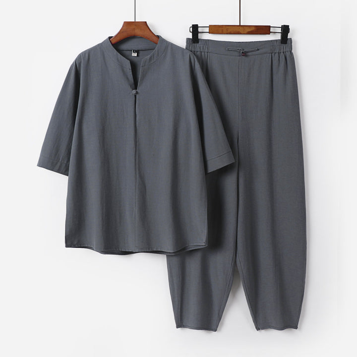 Men's Two-Piece Lightweight Linen-Cotton Set with Mandarin Collar and Elastic Waist Pants Mune Fashion