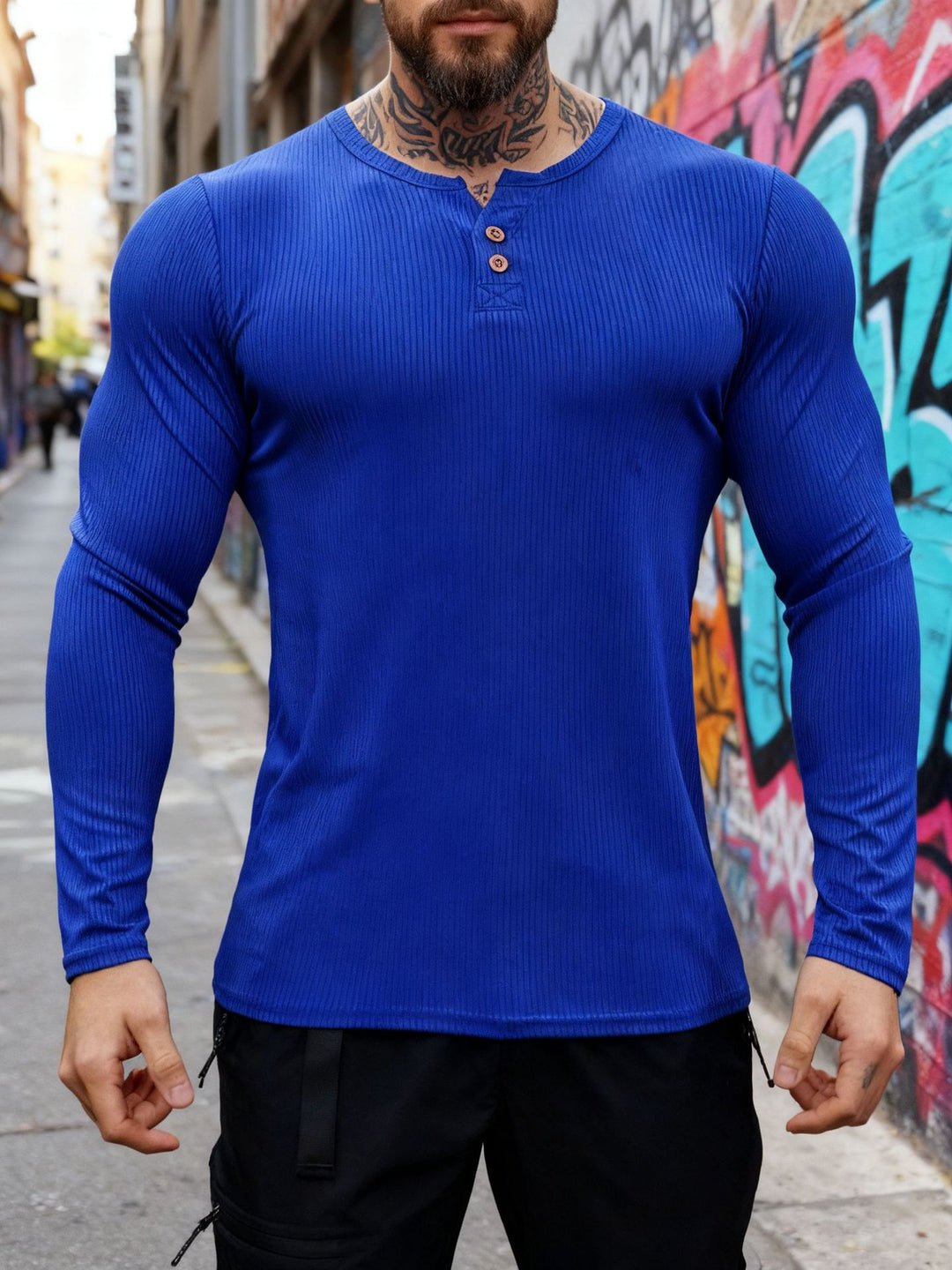 Men's ribbed long-sleeve Henley shirt with flat button placket and fitted stretch fit Mune Fashion