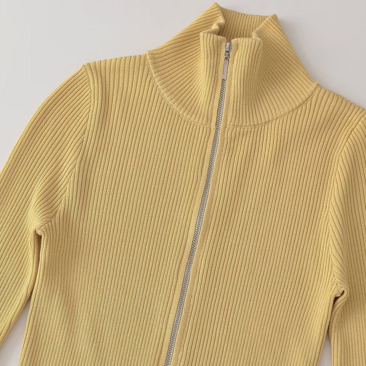 Women's Ribbed Fine Knit Cardigan with Full Zip and Stand-Up Collar Mune Fashion