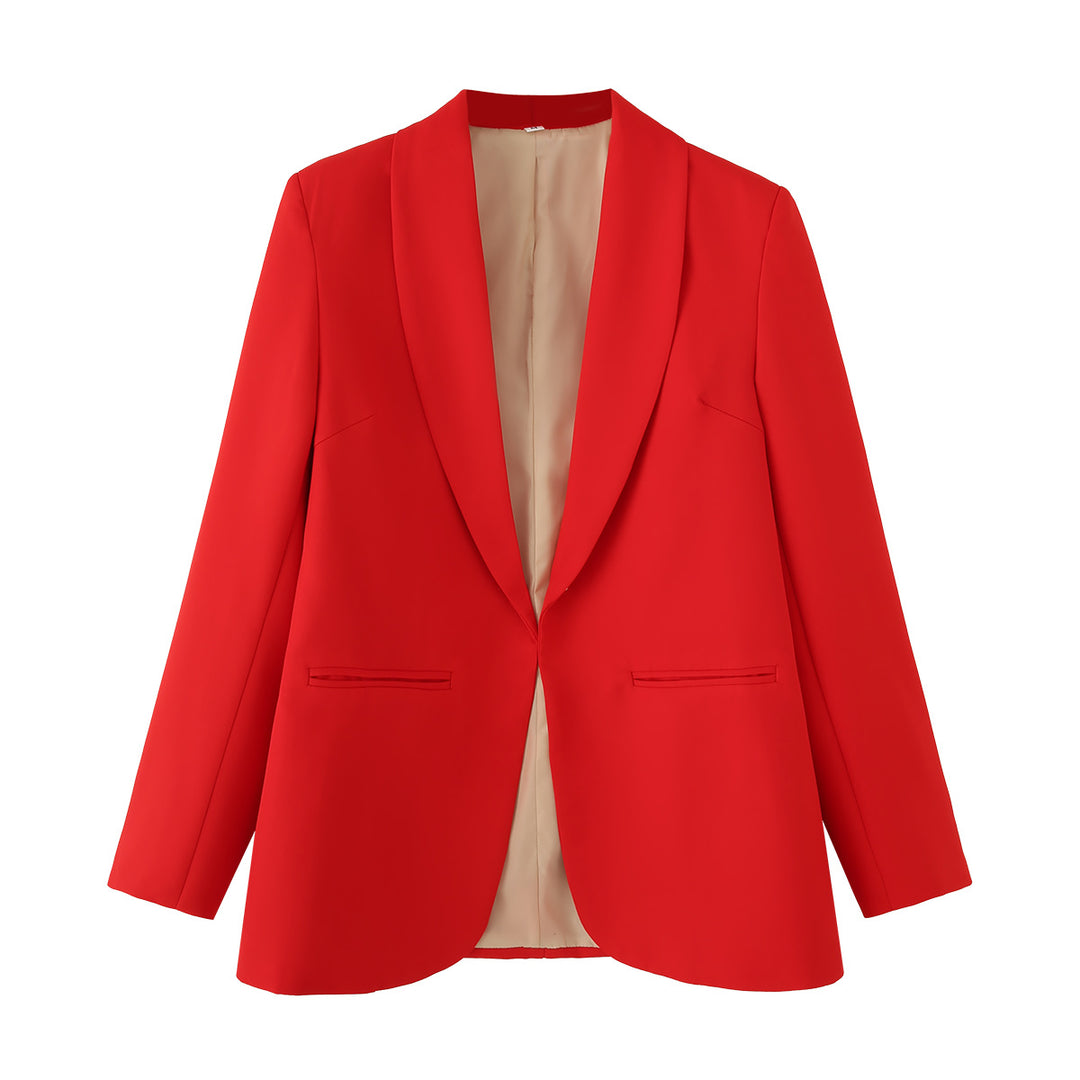 Ladies long blazer with shawl collar, unstructured fall and piped welt pockets Mune Fashion
