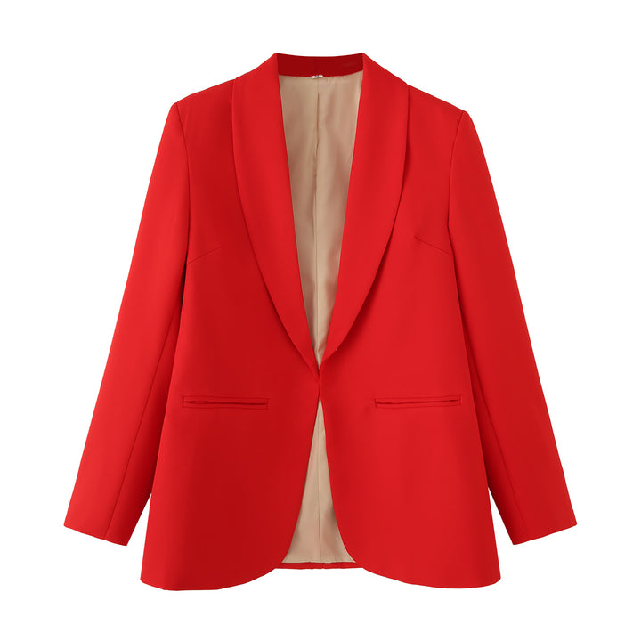 Ladies long blazer with shawl collar, unstructured fall and piped welt pockets Mune Fashion