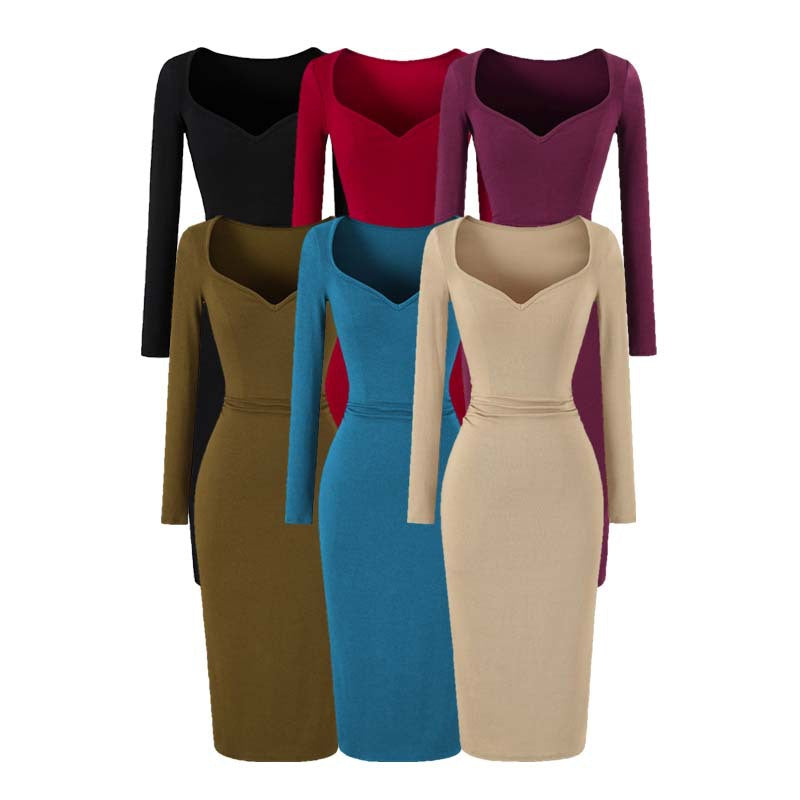 Ladies fitted midi dress with heart-shaped neckline and long sleeves Mune Fashion