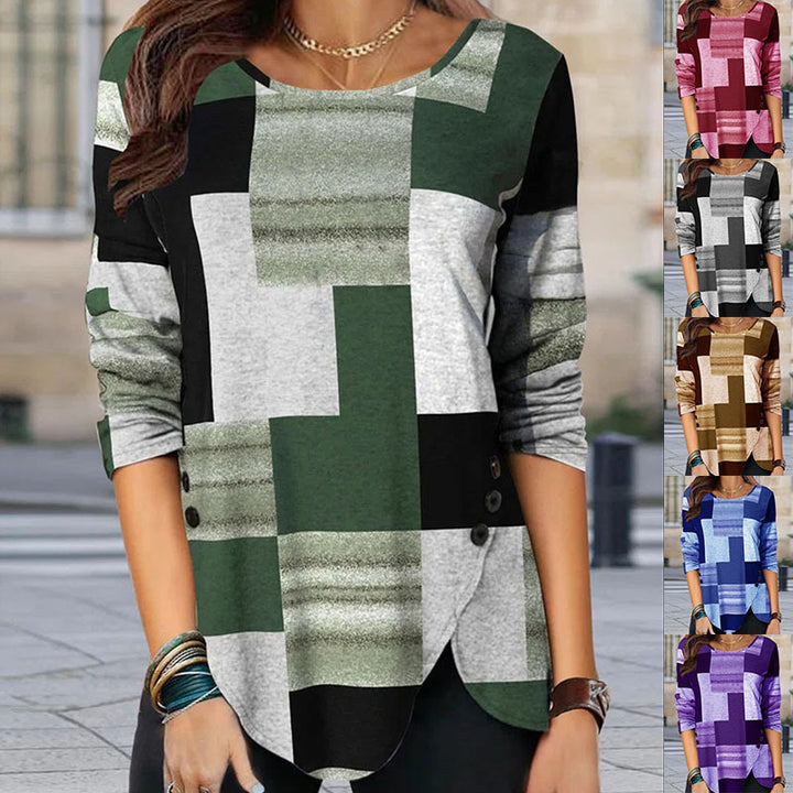 Women Patterned Long Sleeve Tunic Shirt with Asymmetrical Hem and Decorative Button Placket Mune Fashion