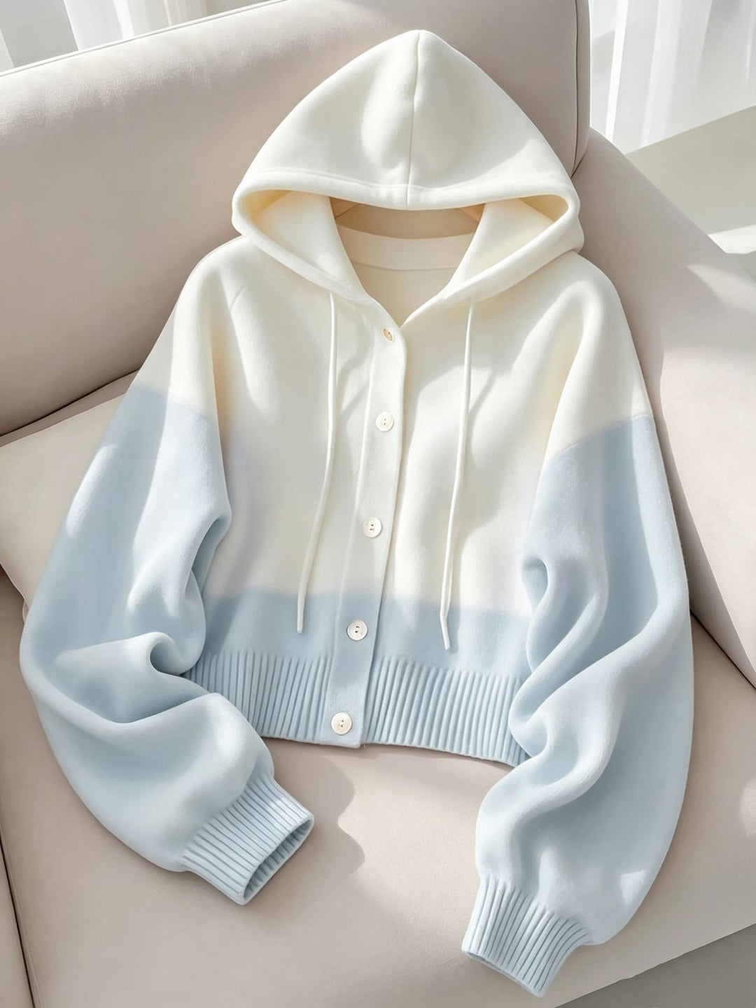 Women's Hooded Knitted Cardigan with Button Placket, Ribbed Cuff, and Oversized Sleeves Mune Fashion