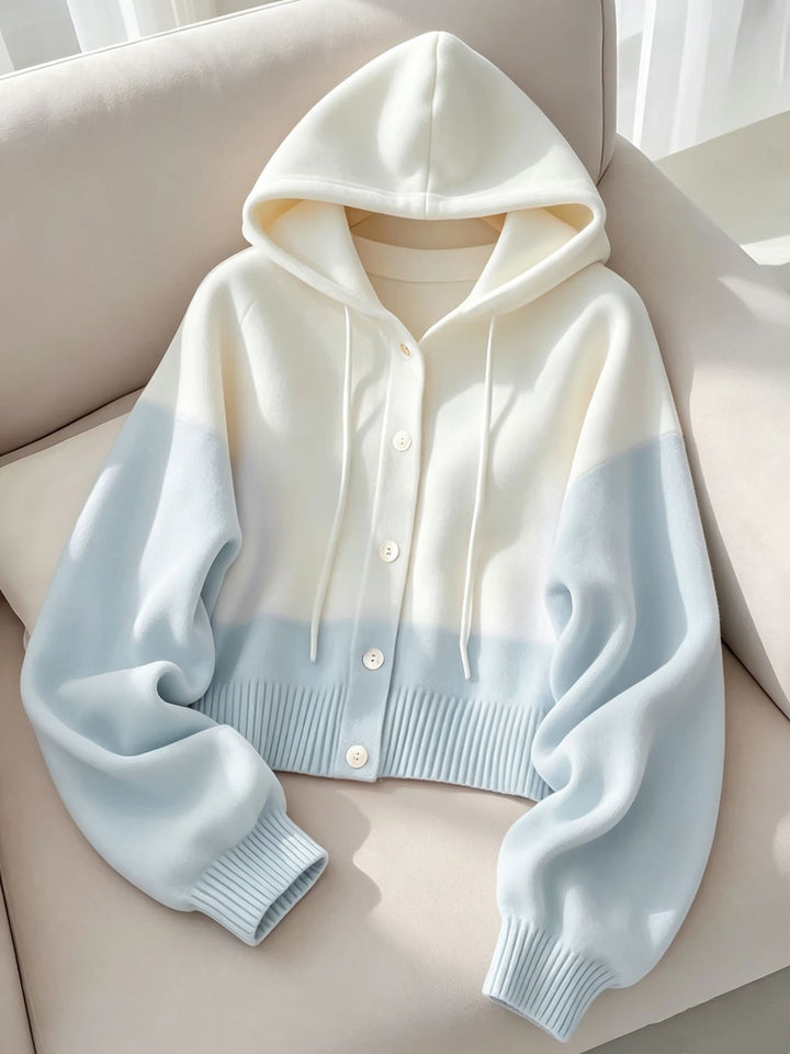 Women's Hooded Knitted Cardigan with Button Placket, Ribbed Cuff, and Oversized Sleeves Mune Fashion