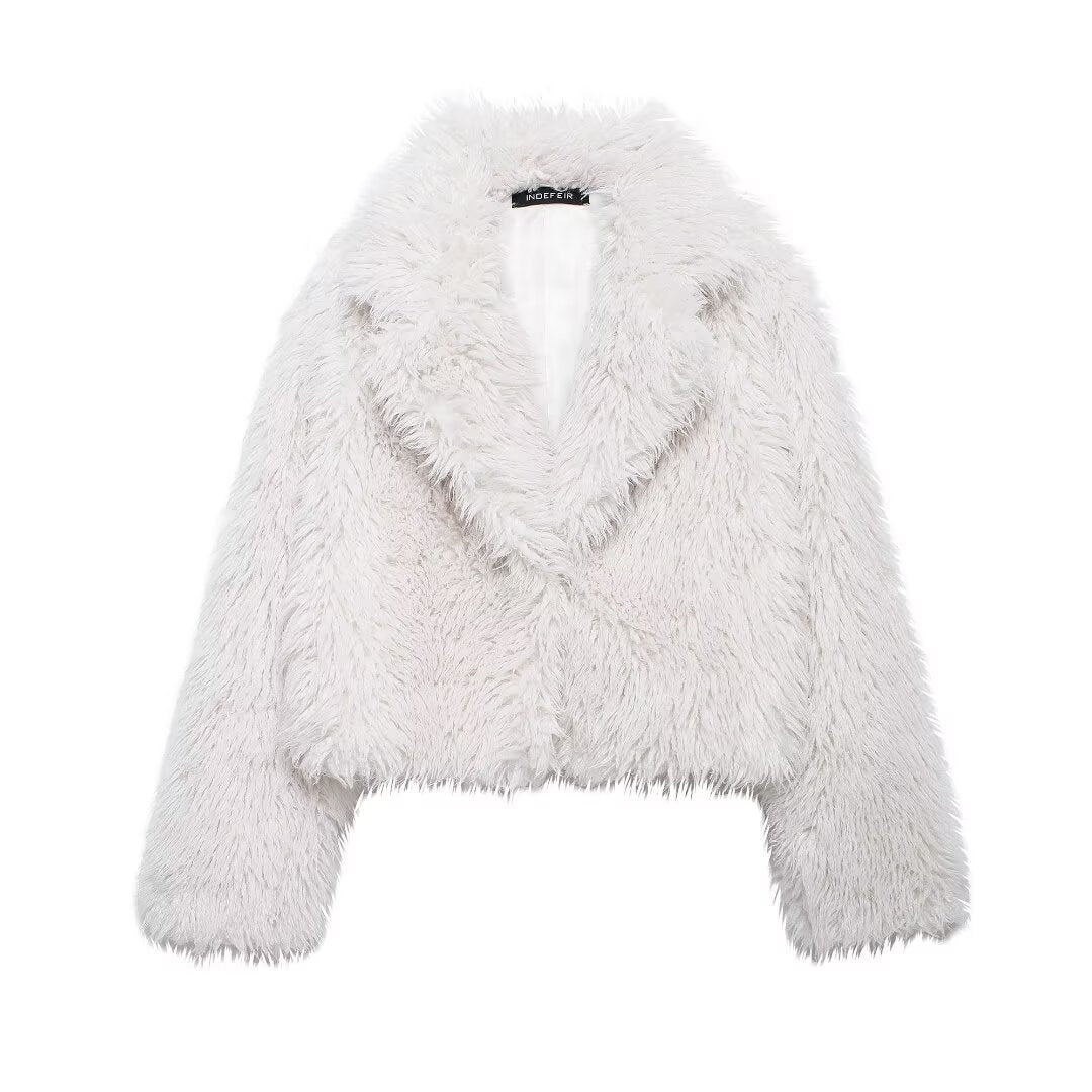 Women's short cozy faux fur cropped jacket with generous shawl collar and open front Mune Fashion