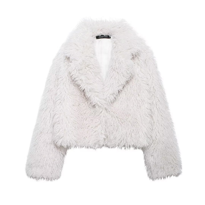 Women's short cozy faux fur cropped jacket with generous shawl collar and open front Mune Fashion