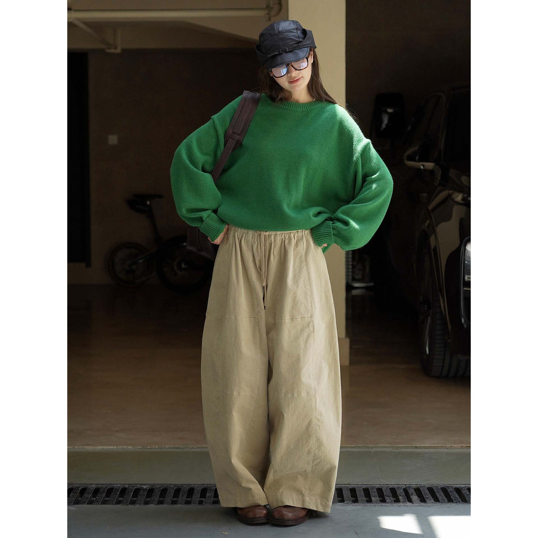 Women Loose Fit Corduroy Balloon Pants with Drawstring Waist and Large Front Pockets