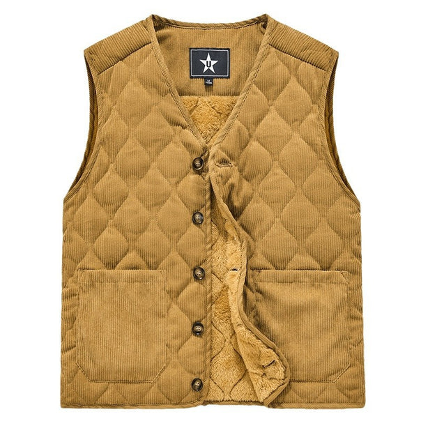 Men Quilted Cord Waistcoat with V-Neck and Patch Pockets Mune Fashion