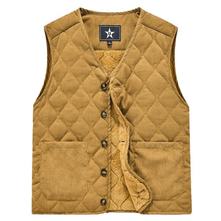 Men Quilted Cord Waistcoat with V-Neck and Patch Pockets Mune Fashion