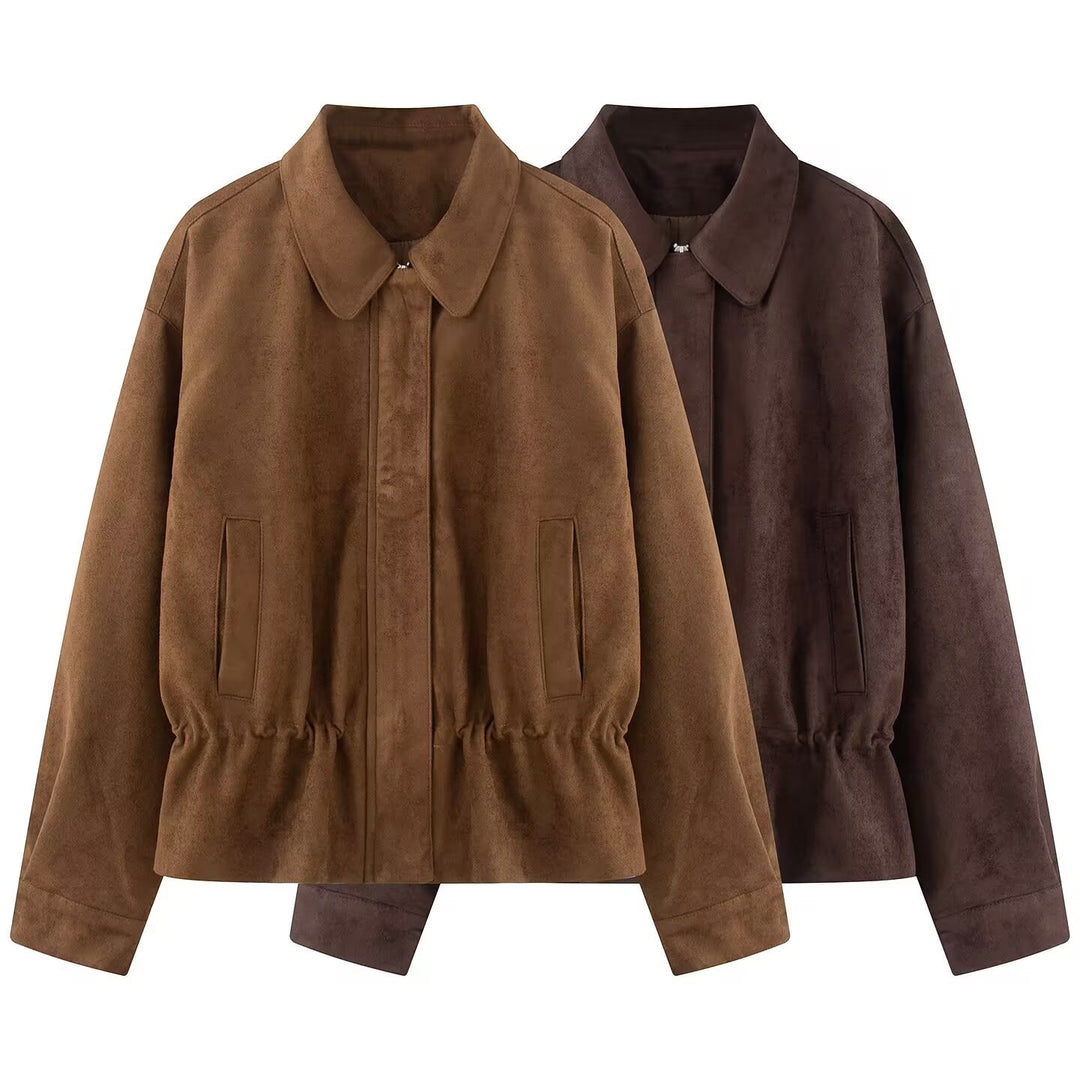 Women's Boxy Blouson Jacket made of Suede-Like Material with Tailoring Tunnel and Concealed Front Mune Fashion