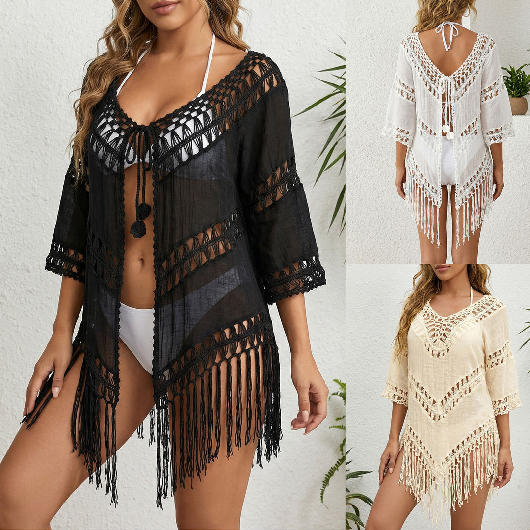 Women's Crocheted Beach Cover-Up with Fringes Mune Fashion 1779788225