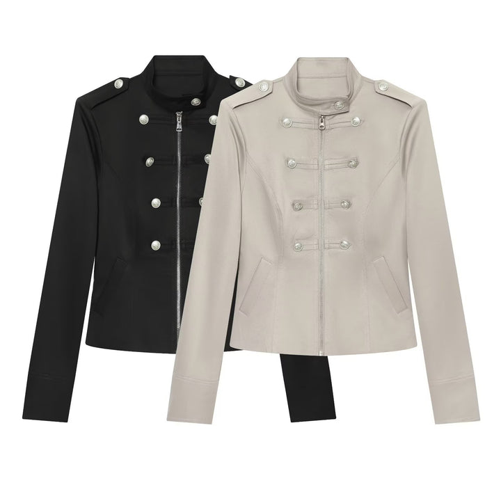 Women Military Inspired Short Jacket with Zipper and Decorative Buttons Mune Fashion