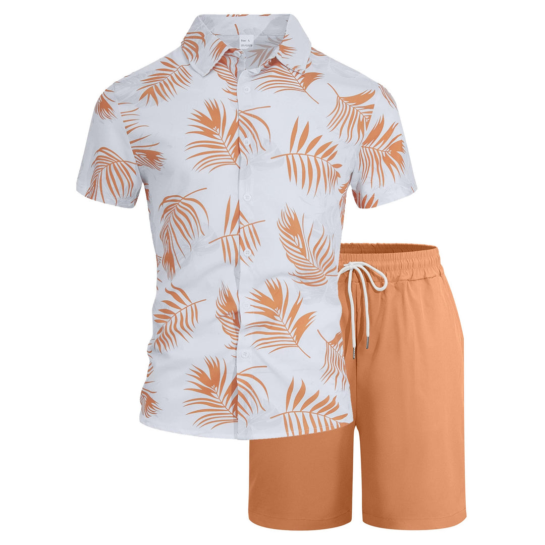 Men's vacation set with short-sleeved lapel shirt in palm print and elastic drawstring bermuda Mune Fashion