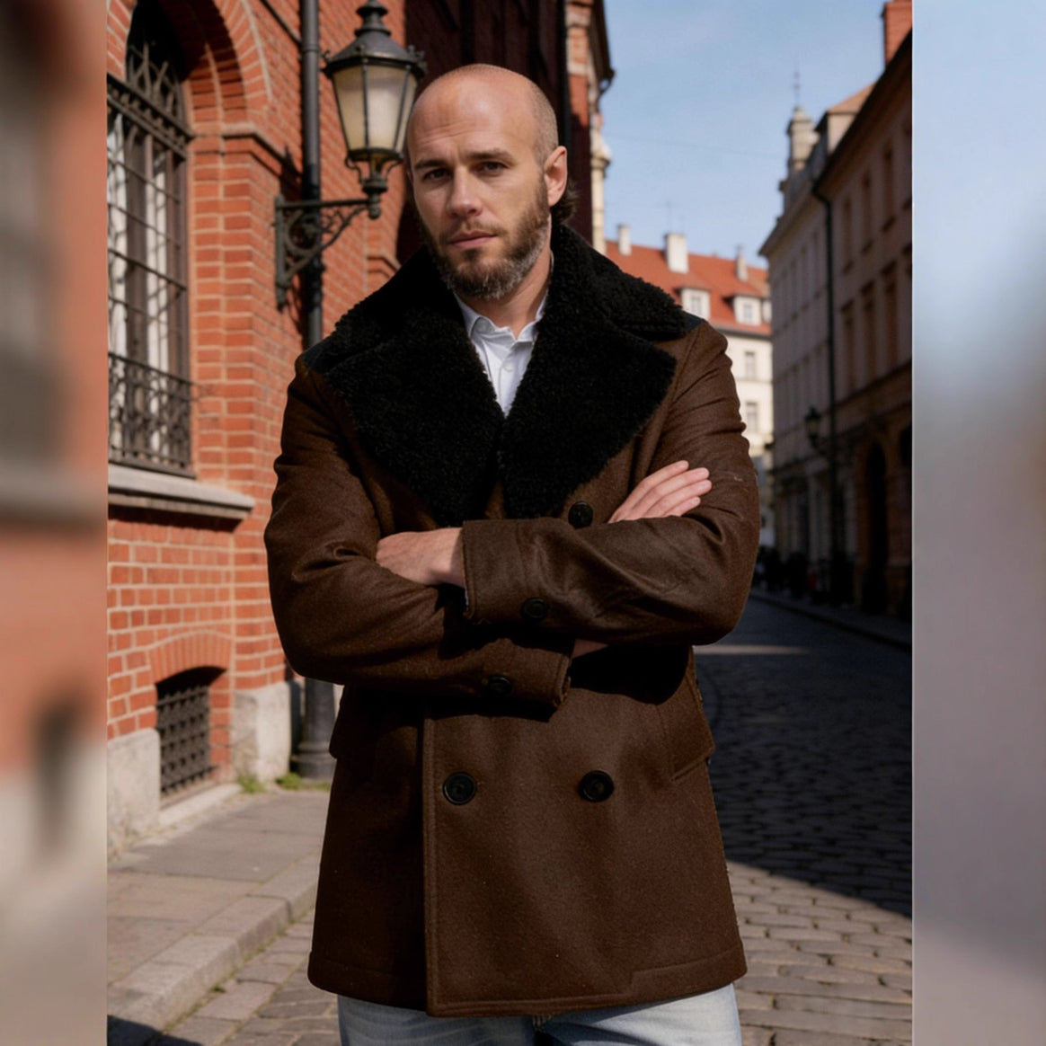 Men's double-breasted short coat made of wool blend with large teddy collar Mune Fashion