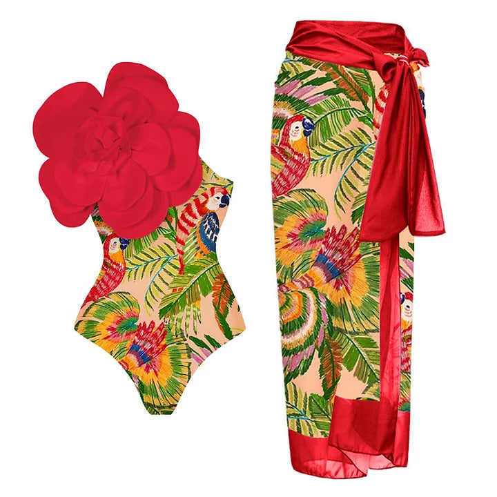 Women's One-Piece Swimsuit with Decorative Floral Element Mune Fashion