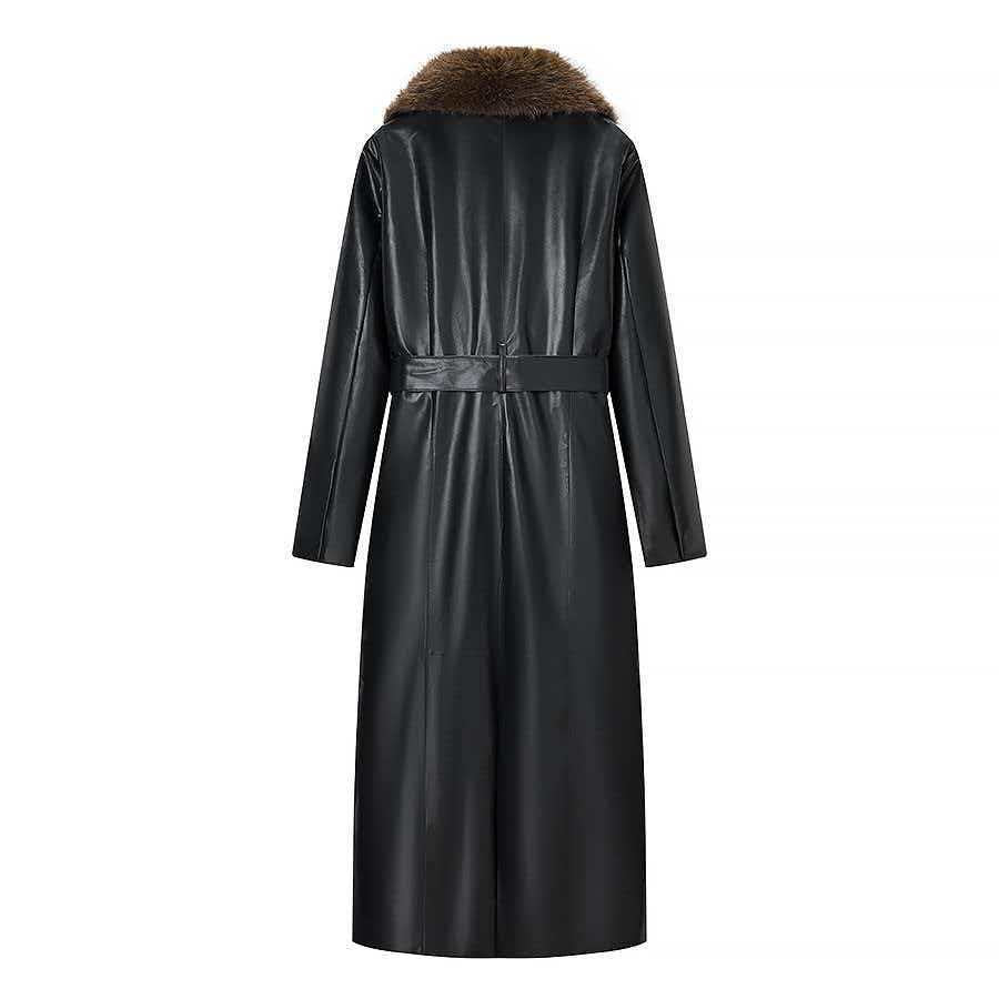 Women Long Leather Coat with Removable Fur Collar and Minimalist Silhouette Mune Fashion