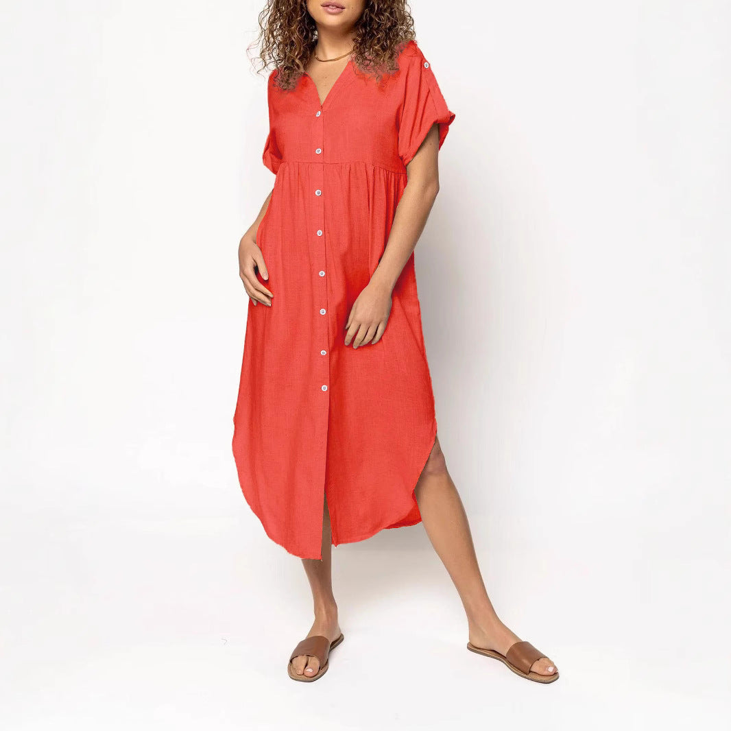 Ladies mid dress with button placket, V-neck and casual babydoll fit Mune Fashion