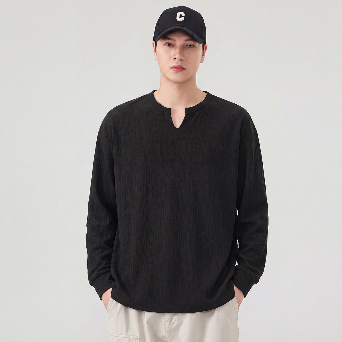 Men's Loose Long Sleeve Shirt with V-Notch Collar and Textured Cotton Blend Mune Fashion