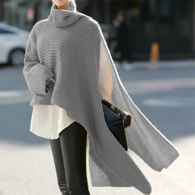 Women Asymmetrical Roll Neck Poncho with Side Cape Detail Mune Fashion