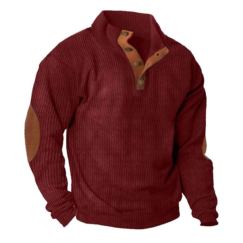 Men's ribbed knit pullover with stand-up collar, button placket and distinctive elbow patches Mune Fashion