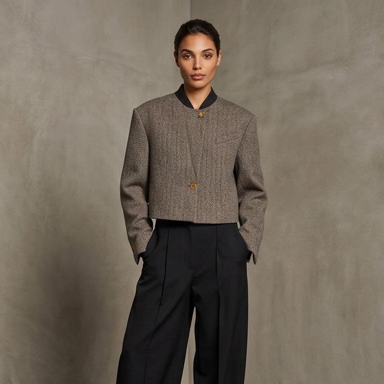 Ladies Short Cut Wool Blazer with Stand-up Collar and Herringbone Pattern Mune Fashion