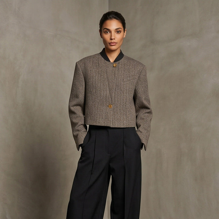 Ladies Short Cut Wool Blazer with Stand-up Collar and Herringbone Pattern Mune Fashion