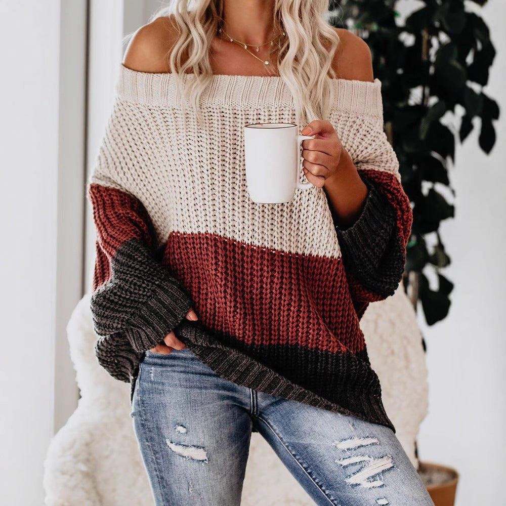Women's Off-shoulder Oversize Block Stripe Knit Sweater Mune Fashion