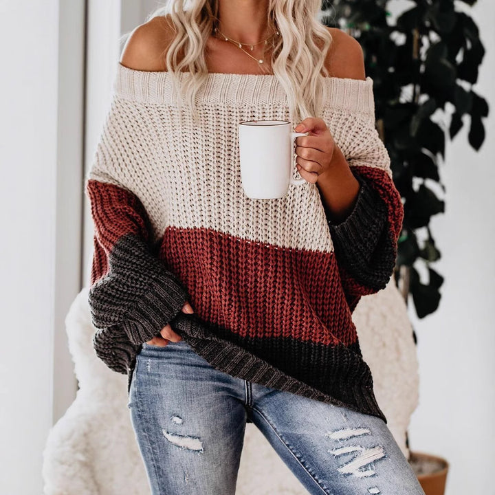 Women's Off-shoulder Oversize Block Stripe Knit Sweater Mune Fashion