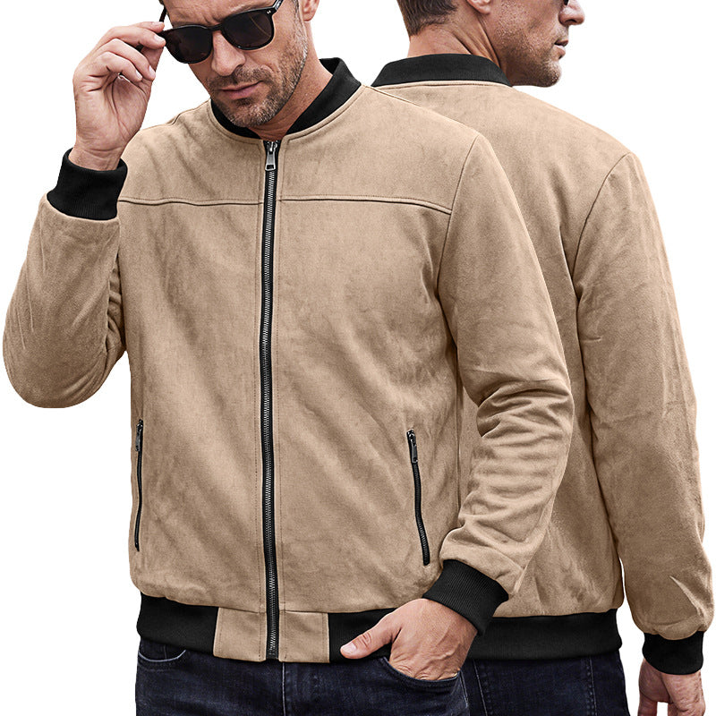 Men's Suede Look Bomber Jacket with Ribbed Cuffs and Zipper Pockets Mune Fashion