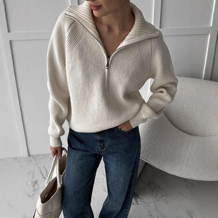 Women Ribbed Wool Blend Pullover with Half Zipper and Wide Stand-Up Collar Mune Fashion