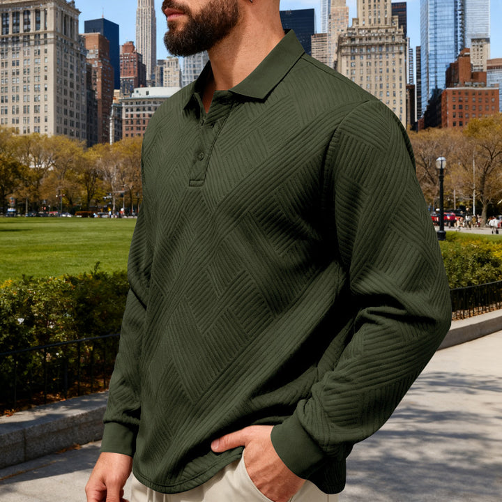 Men's textured long sleeve polo with embossed waffle texture and half-button placket Mune Fashion