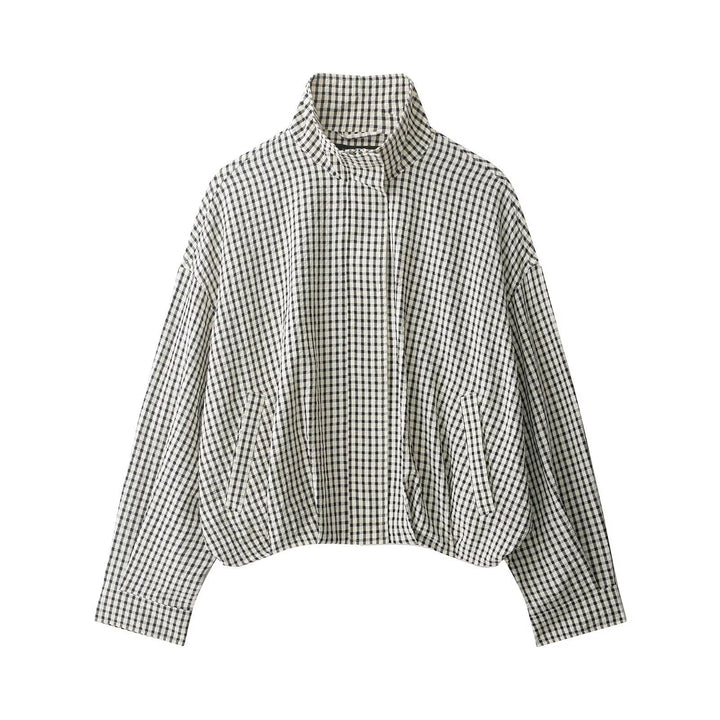 Women Checked Cropped Boxy Blouson with Stand Collar and Side Pockets Mune Fashion