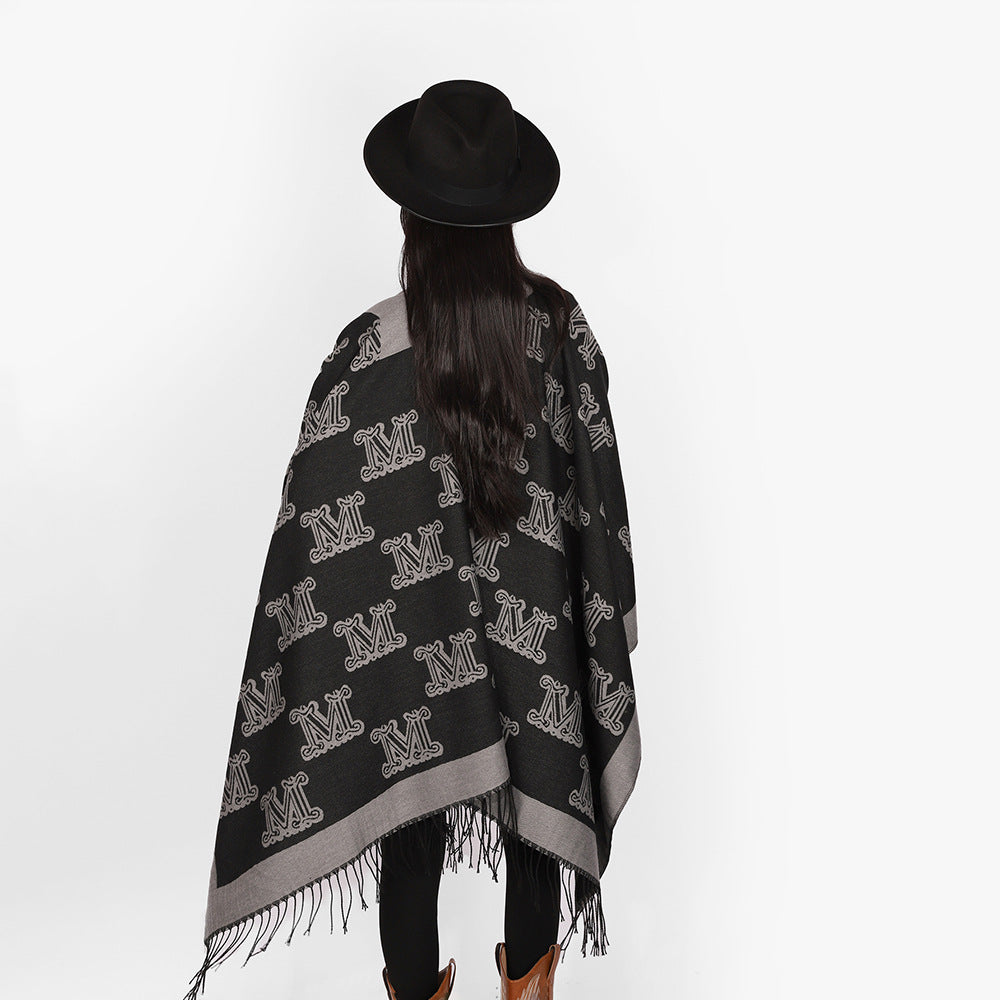 Women's Jacquard Cape with Monogram Pattern, Open V-Neck, and Fringe Hem Mune Fashion