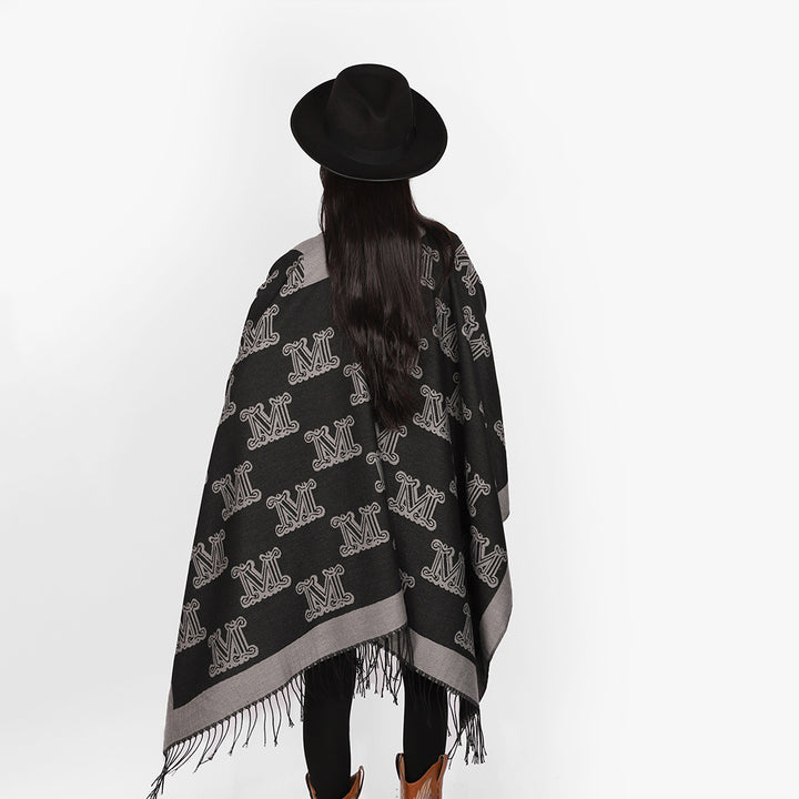 Women's Jacquard Cape with Monogram Pattern, Open V-Neck, and Fringe Hem Mune Fashion