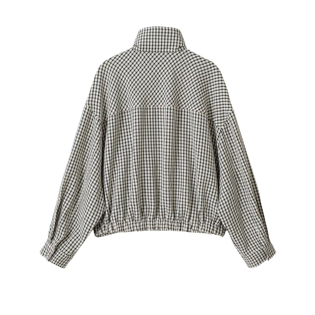 Women Oversized Short Blouson in Check Design with High Stand-Up Collar and Drawstring Hem Mune Fashion