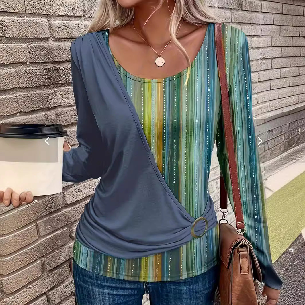 Women's Layered Look Wrap Shirt with Asymmetrical Draping and Striped Bottom Drune