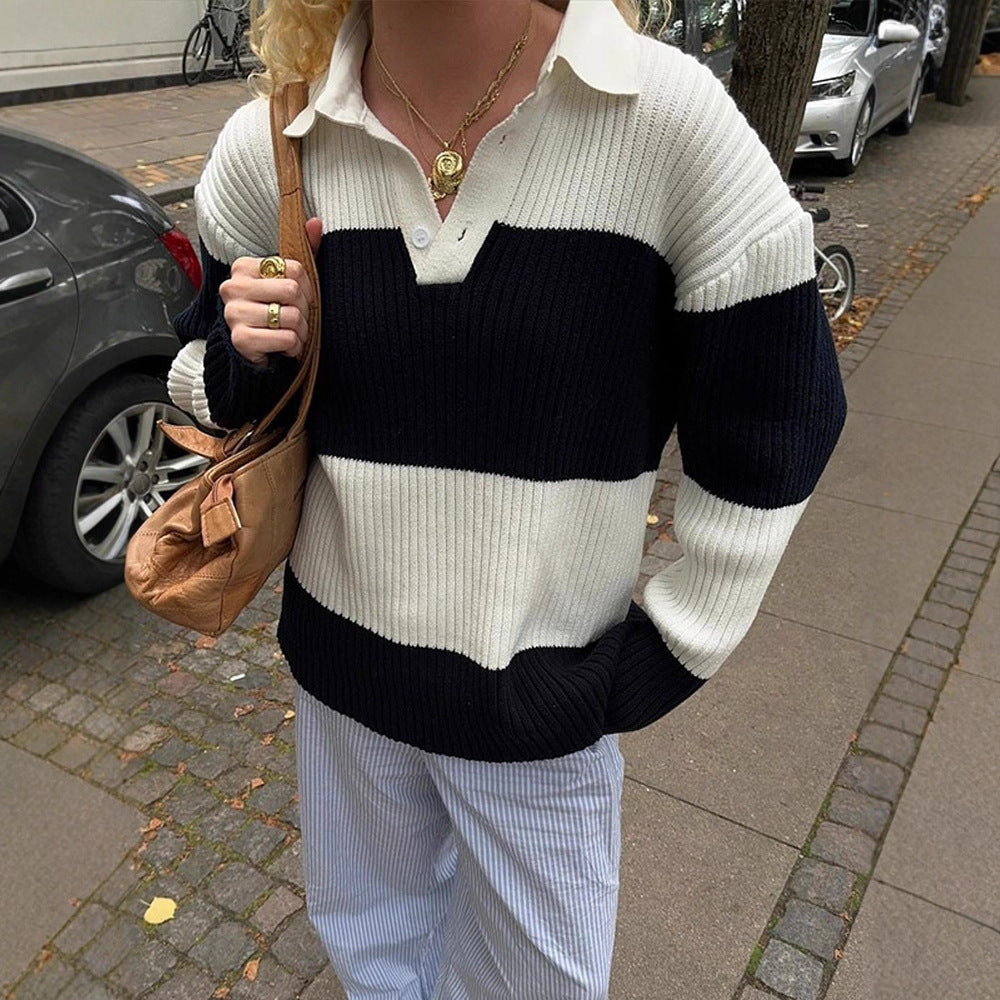Women's Chunky Ribbed Oversized Polo Knit Sweater with Kent Collar and Block Stripes Mune Fashion