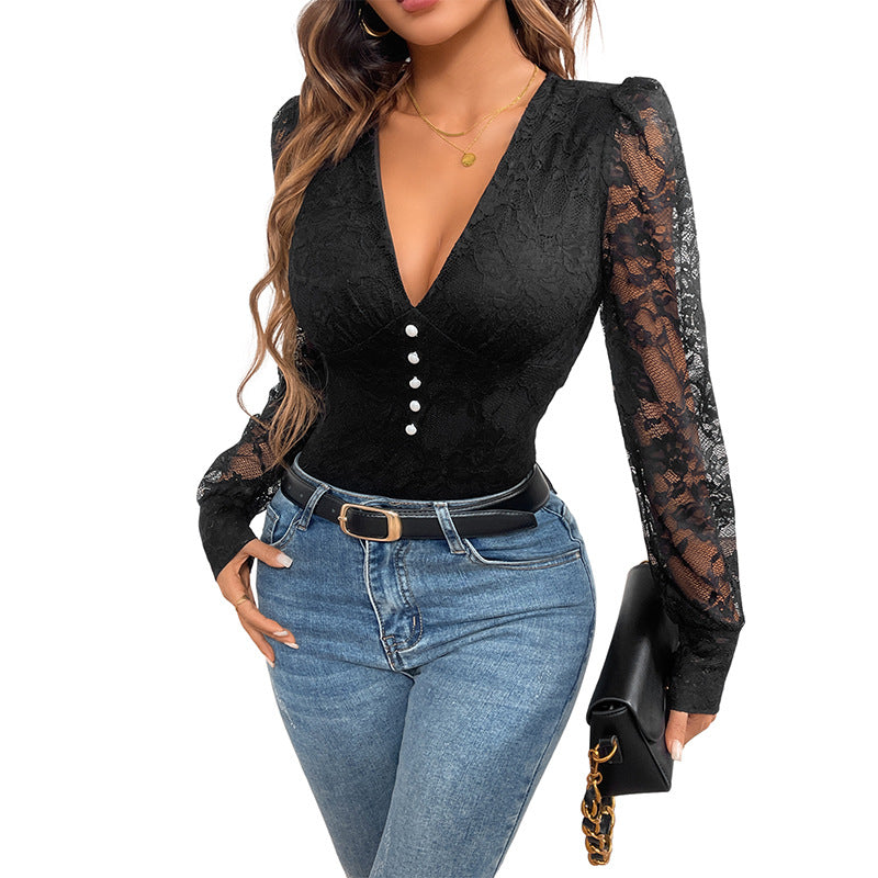 Women's figure-hugging lace bodysuit with V-neck, pearl decoration, and transparent balloon sleeves Mune Fashion