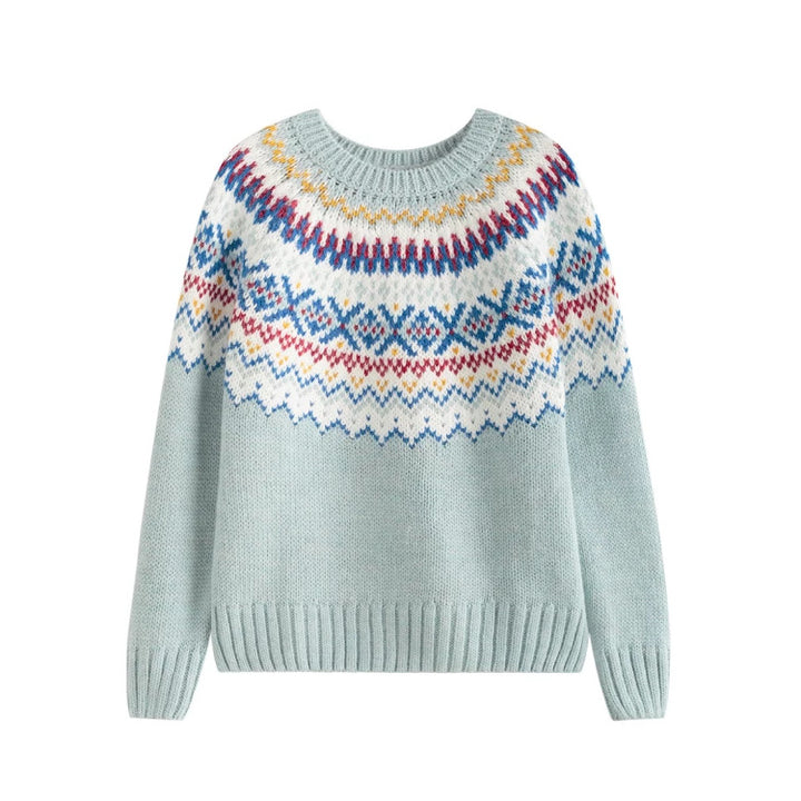 Women's gray marled round neck sweater with circular jacquard yoke and ribbed hem Mune Fashion