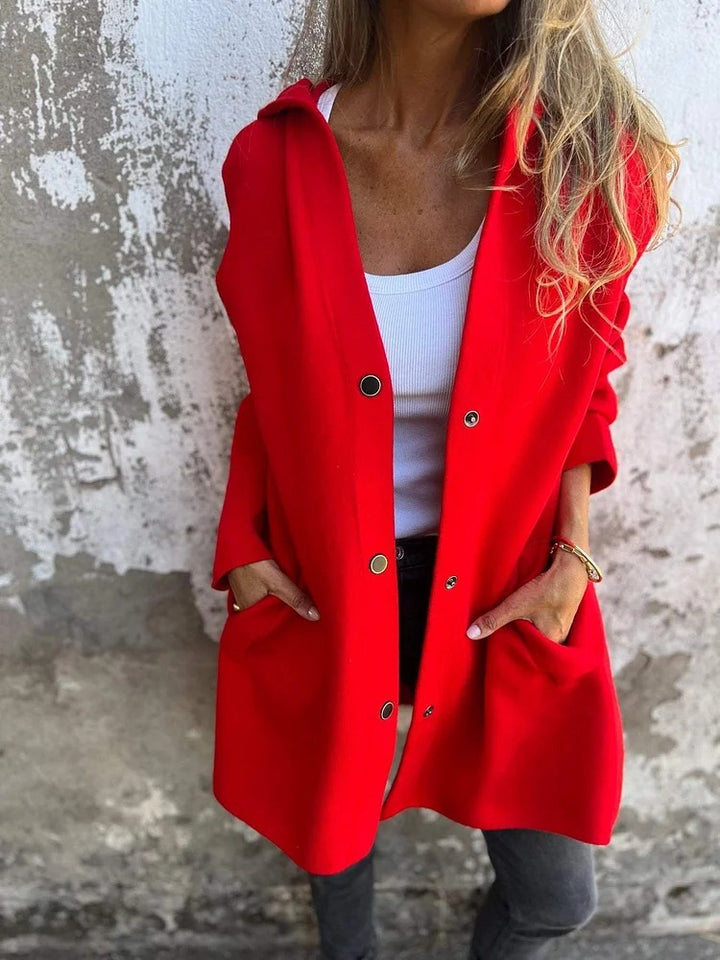 Women's hooded coat mid-length cotton blend with snap button placket and side pockets Mune Fashion